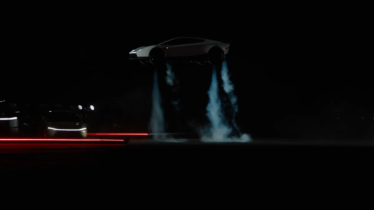 Tesla Roadster lifting off on four jets of gas