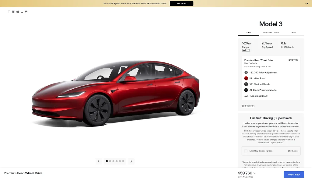 Tesla listing screenshot: Model 3 Premium RWD in Ultra Red, NSW stock