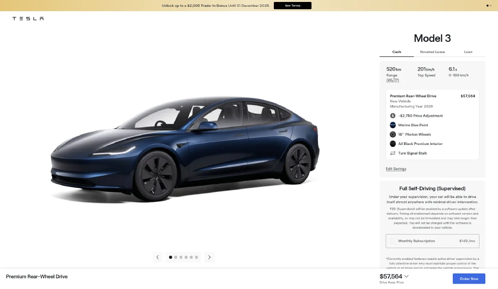 Tesla listing screenshot: Model 3 Premium RWD in Marine Blue, QLD stock