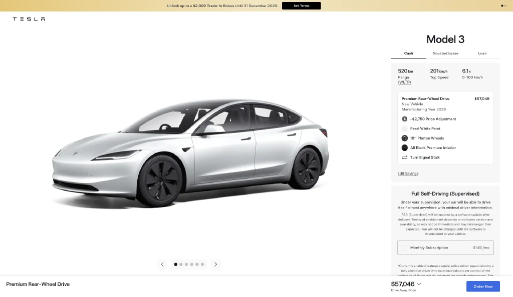 Tesla listing screenshot: Model 3 Premium RWD in Pearl White, SA stock