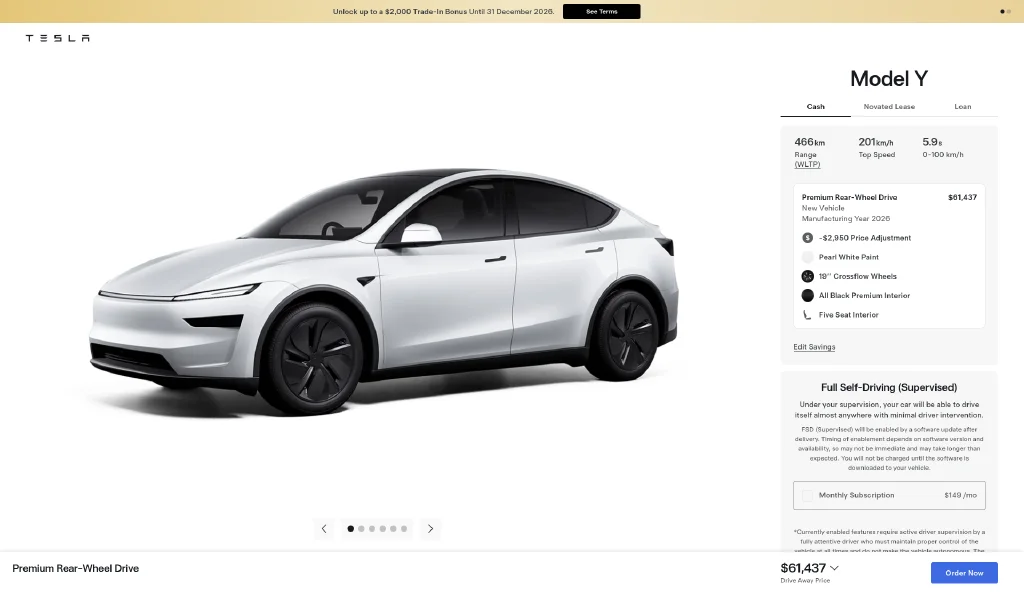 Tesla listing screenshot: Model Y Premium RWD in Pearl White, VIC stock