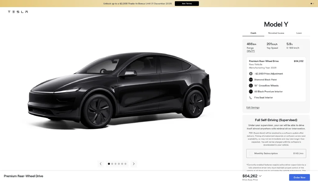 Tesla listing screenshot: Model Y Premium RWD in Diamond Black, WA stock